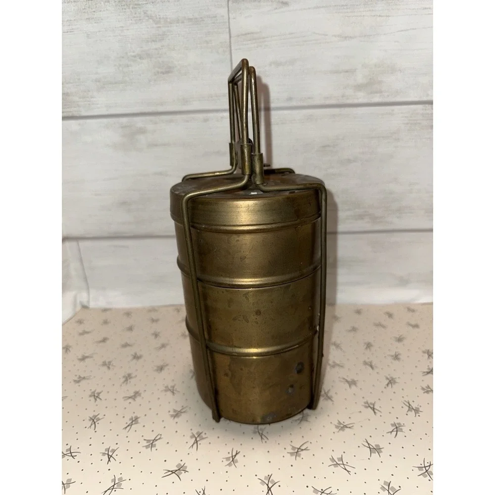 Old Brass Three  Tier‎ Tiffin Food Carrier Round Lunch Box Container Prairie